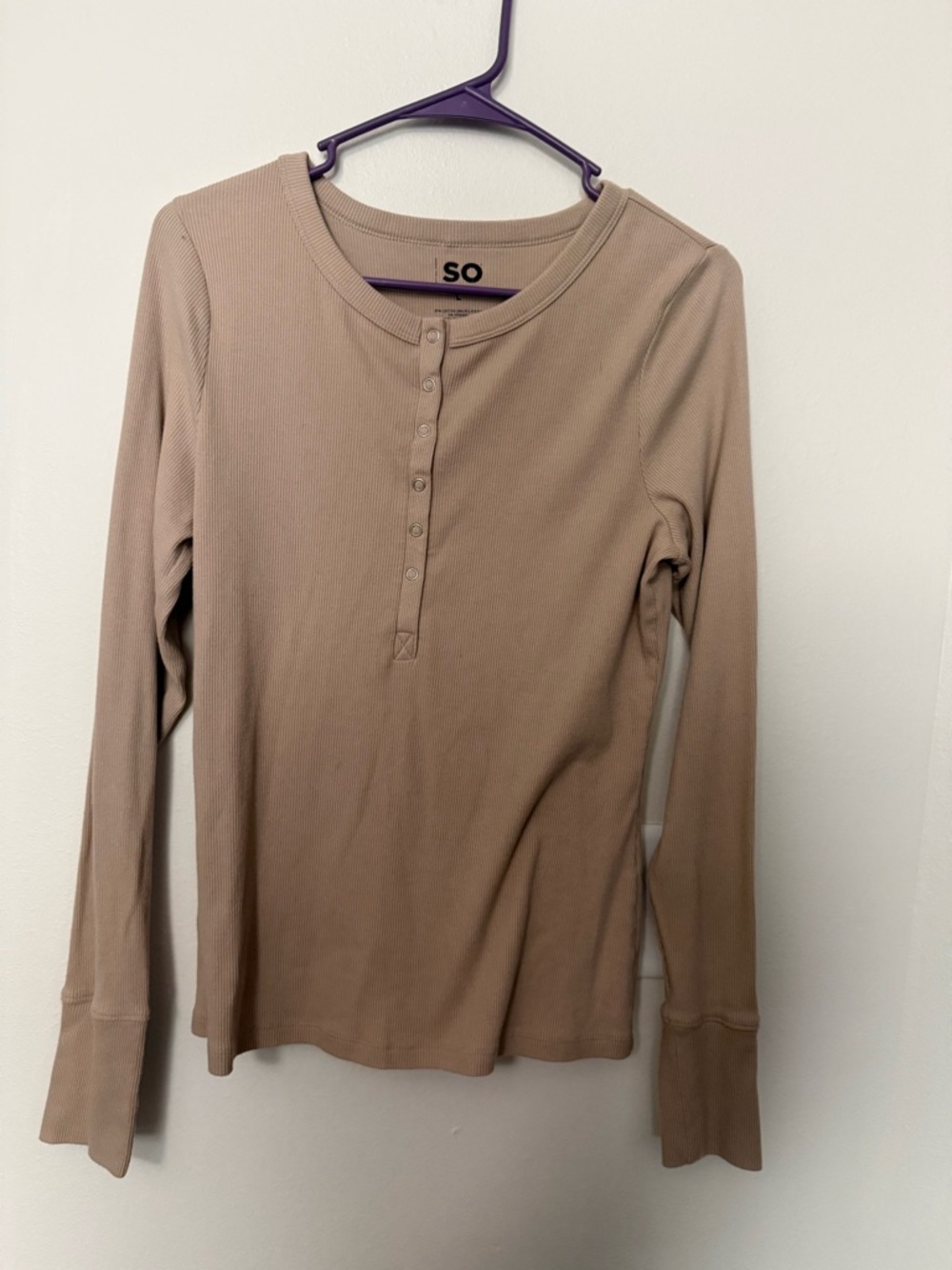 SO Ribbed Henley Long Sleeve Top Beige Neutral Fitted Basic Size L